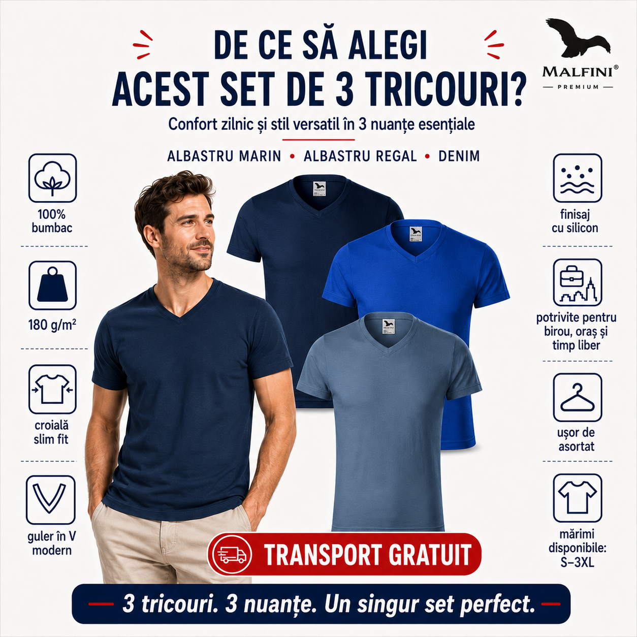 Set 3 tricouri bărbați Malfini Slim Fit V Neck 146 albastru marin albastru regal denim transport gratuit